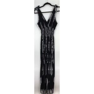 Black & White Boho Wrap V-Neck Maxi Dress Paisley Medallion Tie Straps Fits L–XL